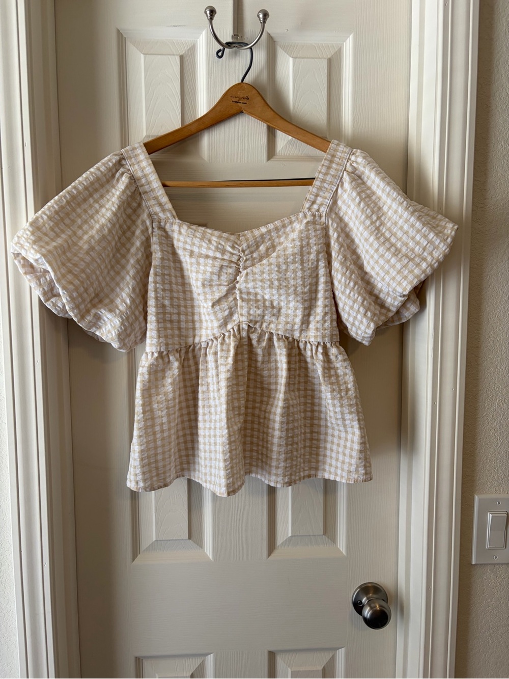 Old Navy Cream Gingham Square-Neck Peplum Blouse
